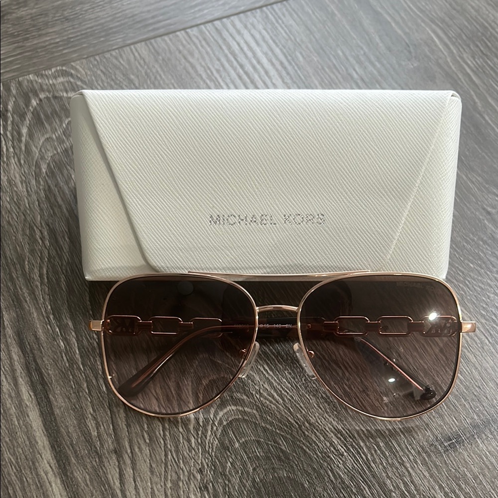 Michael Kors Rose Gold Aviator Sunglasses with White Case